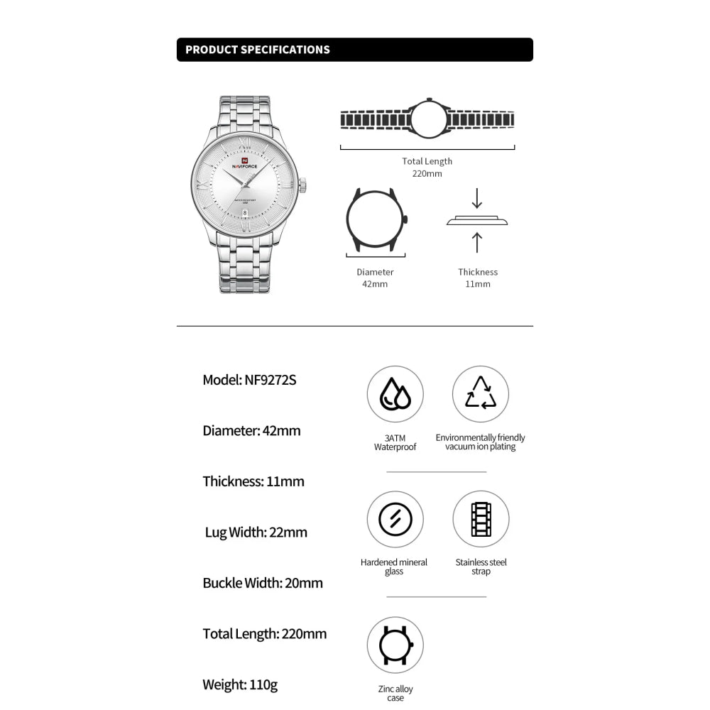 NAVIFORCE Men's Watch Classic Stainless Steel Strap 3ATM Waterproof Calendar Minimalist Dial Men's Chronograph Watch NF9272S
