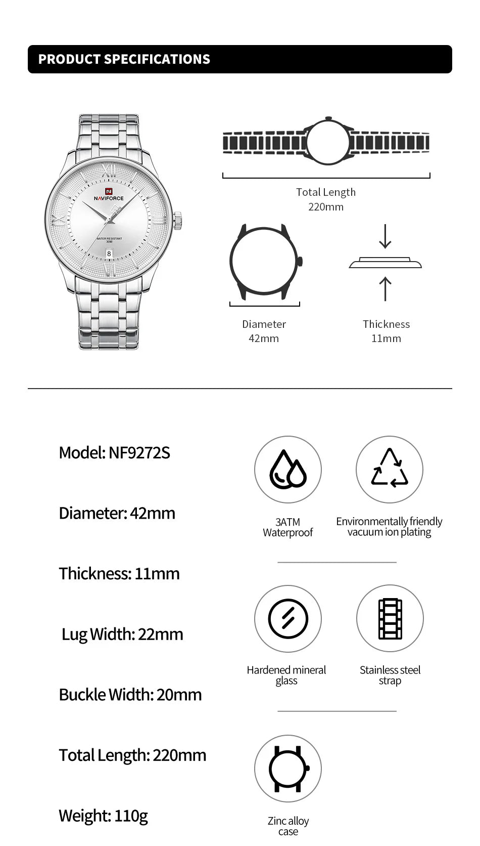 NAVIFORCE Men's Watch Classic Stainless Steel Strap 3ATM Waterproof Calendar Minimalist Dial Men's Chronograph Watch NF9272S