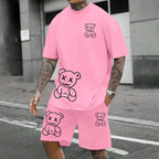 2024 Fun Bear Harajuku T-Shirt Men's Summer Loose Daily Couple Suit Outdoor Street Short Sleeve Shorts Two Piece Men Summer Suit