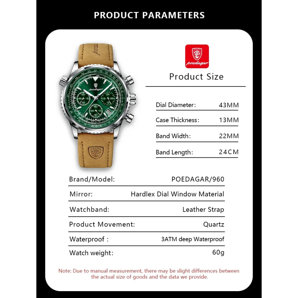 POEDAGAR Luxury Man Watch Quartz Waterproof Luminous Date Chronograph Leather Men Wristwatch Military Sports Men's Watches Reloj