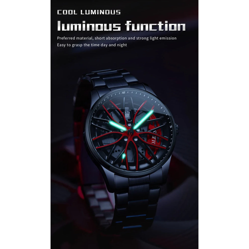 OLEVS Mens Watch Quartz Watch Original Rotatable Wheel Hub Dial Fashion Trend Waterproof Luminous Stainless Steel Reloj 9937