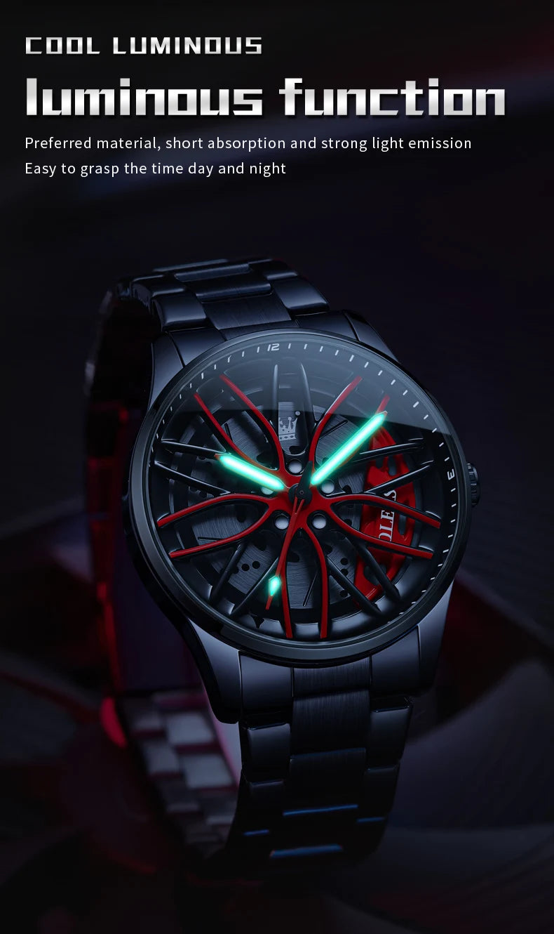 OLEVS Mens Watch Quartz Watch Original Rotatable Wheel Hub Dial Fashion Trend Waterproof Luminous Stainless Steel Reloj 9937