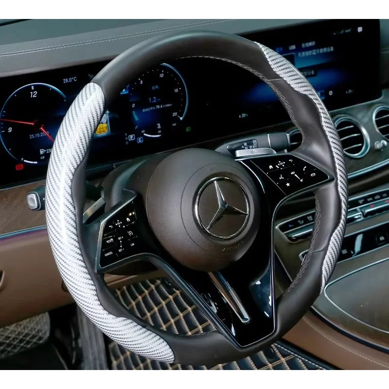 2/3PCS Laser Carbon Fiber Silicone Car Steering Wheel Cover 1K Micro Fiber Leather PVC Wheel Booster Cover Non-Slip Universal