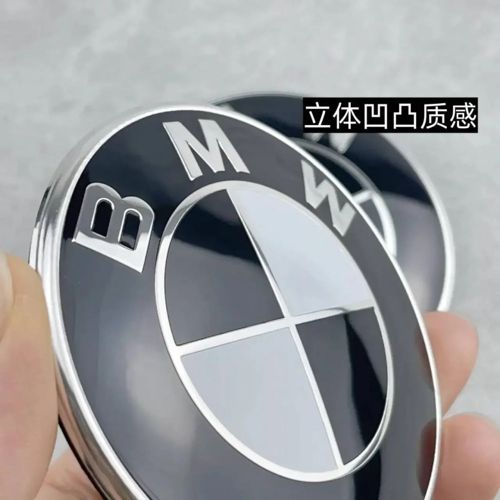 Car Black White BMW Logo Front Hood Emblem 82mm Rear Badge 74mm Wheel Hub Cap 60mm steering wheel sticker 45mm Accessories