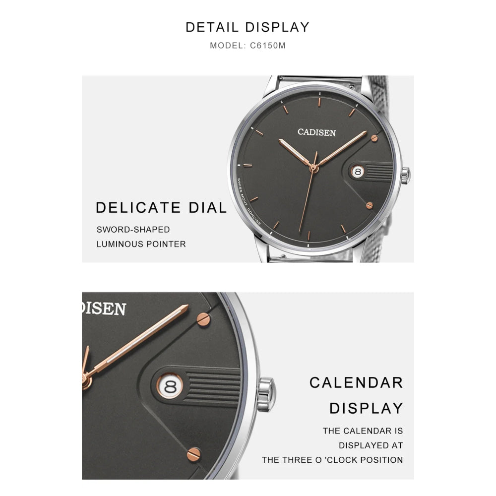 CADISEN Swiss Ronda 715 Quartz Watch Mans 7MM Ultra-thin Dial Sapphire Luminous Stainless Steel Milano Mesh Strap Watches Men