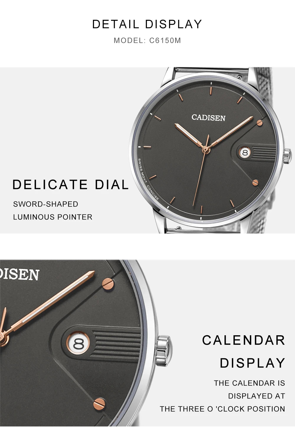 CADISEN Swiss Ronda 715 Quartz Watch Mans 7MM Ultra-thin Dial Sapphire Luminous Stainless Steel Milano Mesh Strap Watches Men
