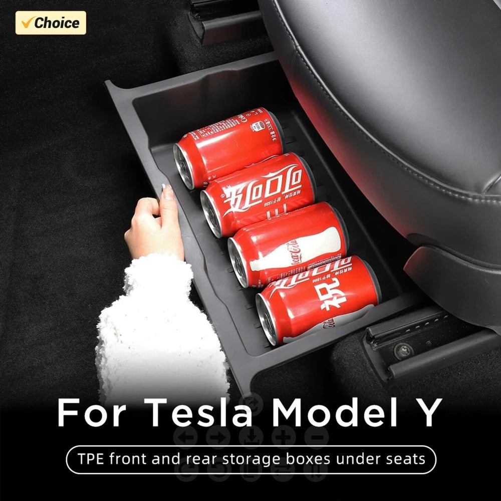 TPE Under Seat Storage Box For Tesla Model Y Juniper 2025 Center Console Organizer Bin Front Backseat Bag Trash Tray Accessories