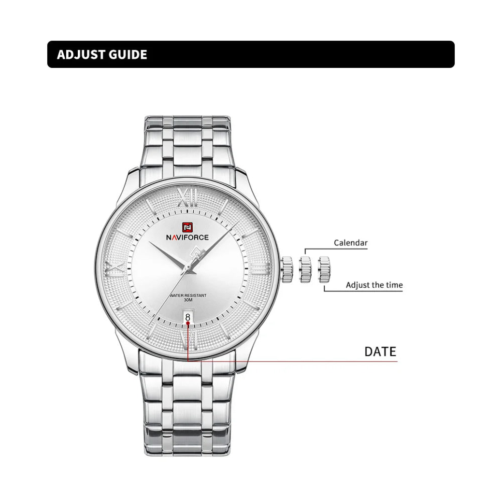NAVIFORCE Men's Watch Classic Stainless Steel Strap 3ATM Waterproof Calendar Minimalist Dial Men's Chronograph Watch NF9272S
