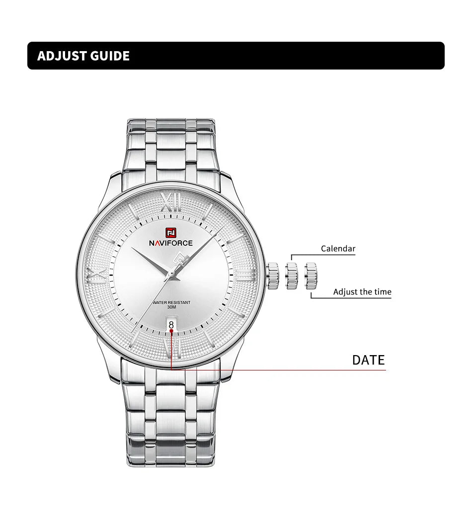 NAVIFORCE Men's Watch Classic Stainless Steel Strap 3ATM Waterproof Calendar Minimalist Dial Men's Chronograph Watch NF9272S