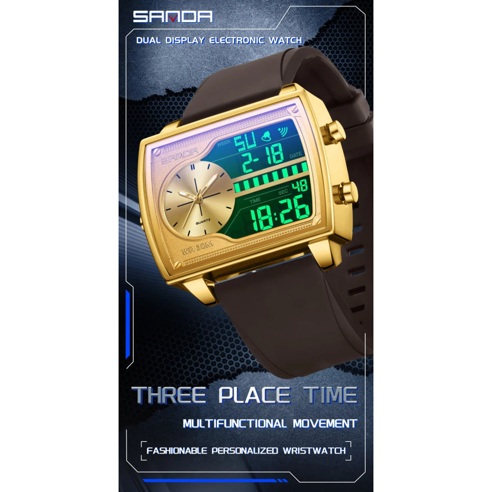 SANDA 6163 Fashion Trend Men's Quartz Watch Fashion Square Watch Countdown Sports Waterproof Dual Display Digital Men's Watches