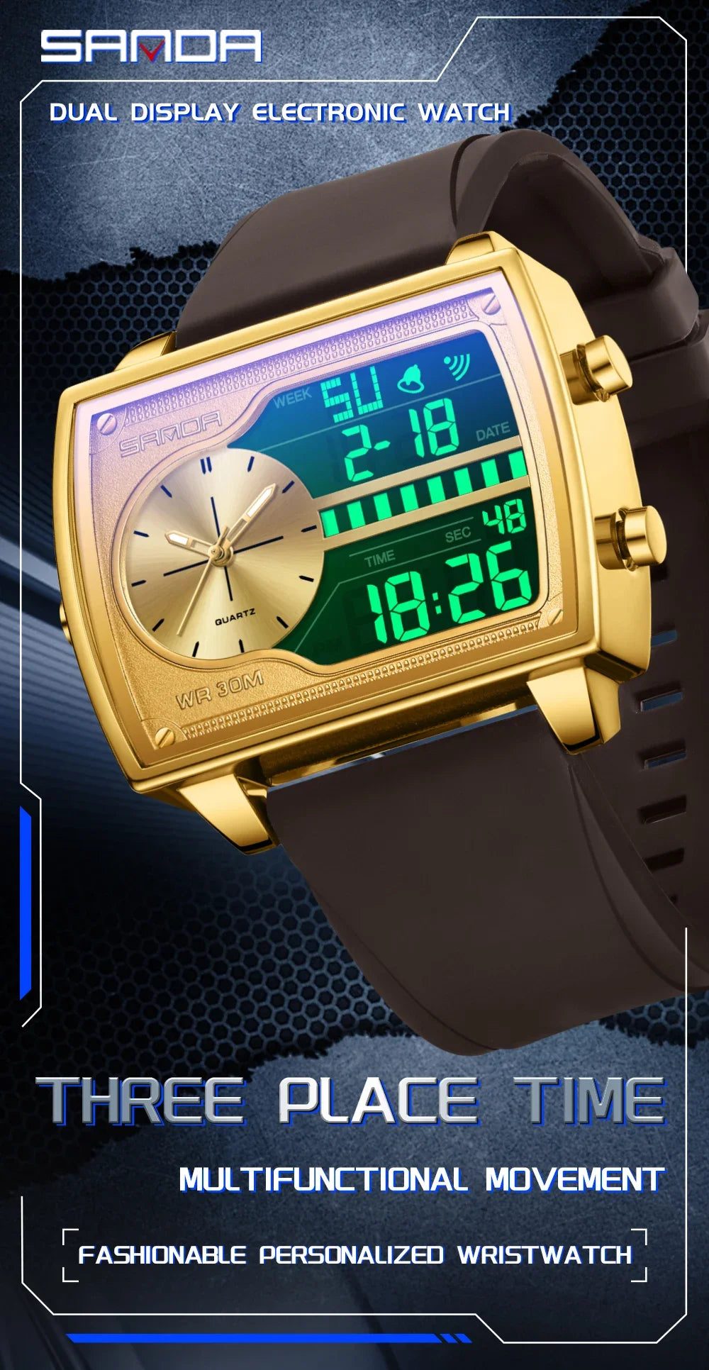 SANDA 6163 Fashion Trend Men's Quartz Watch Fashion Square Watch Countdown Sports Waterproof Dual Display Digital Men's Watches