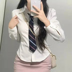 FANAN Preppy Style White Shirts Women Korean Slim Long Sleeve Office Shirt Ladies 2025 Spring Fashion Button Lapel Short Blouse