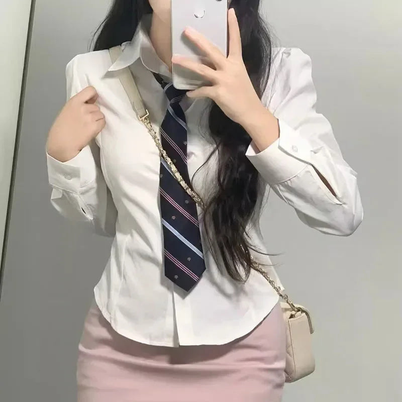 FANAN Preppy Style White Shirts Women Korean Slim Long Sleeve Office Shirt Ladies 2025 Spring Fashion Button Lapel Short Blouse