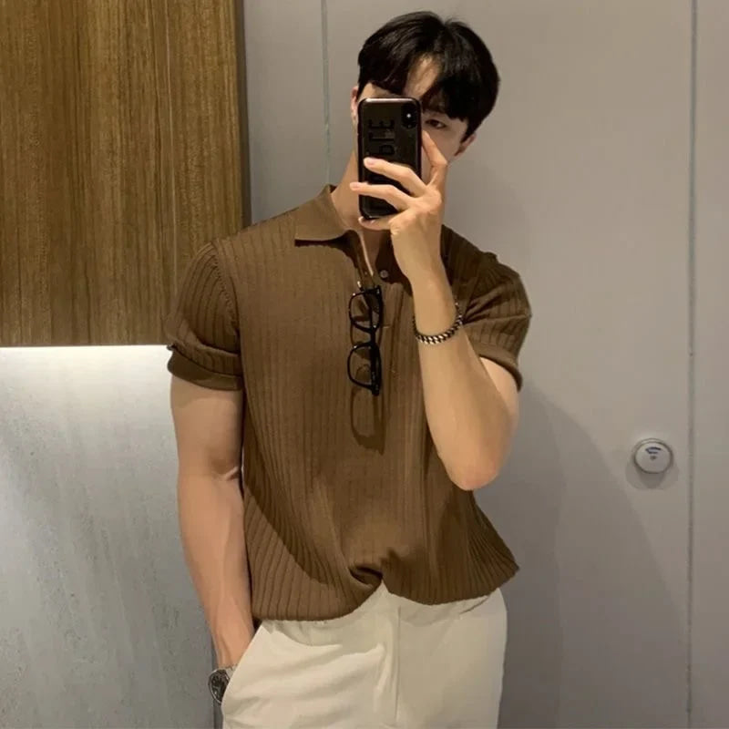New Men's Short sleeved Classic T-shirt Summer Men Retro Striped Polo Shirt   Solid Color Short Sleeve Fashion Casual T-shirt