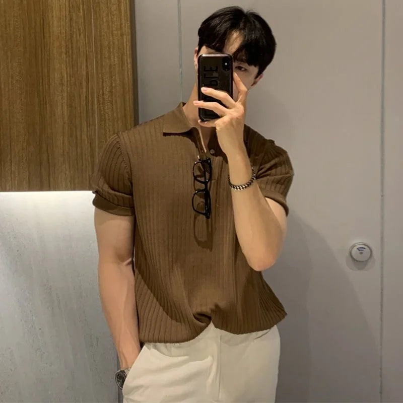 New Men's Short sleeved Classic T-shirt Summer Men Retro Striped Polo Shirt   Solid Color Short Sleeve Fashion Casual T-shirt