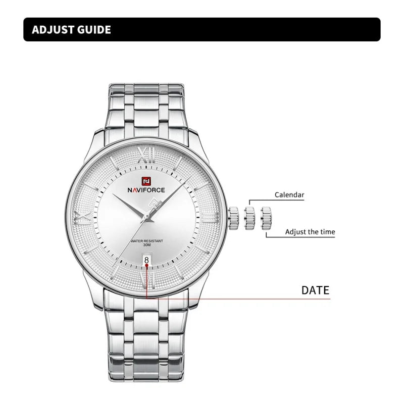 NAVIFORCE Men's Watch Classic Stainless Steel Strap 3ATM Waterproof Calendar Minimalist Dial Men's Chronograph Watch NF9272S