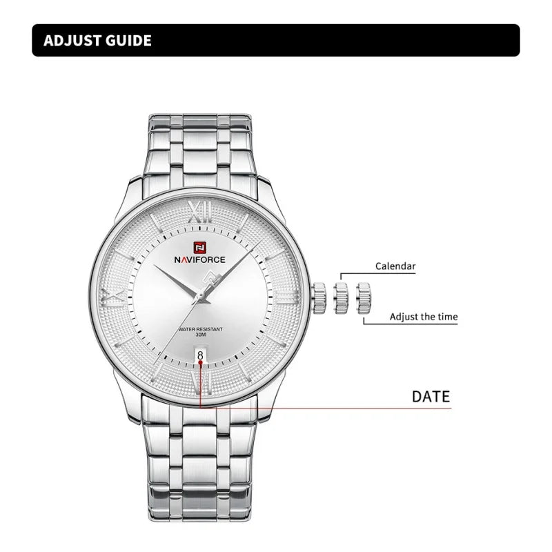 NAVIFORCE Men's Watch Classic Stainless Steel Strap 3ATM Waterproof Calendar Minimalist Dial Men's Chronograph Watch NF9272S