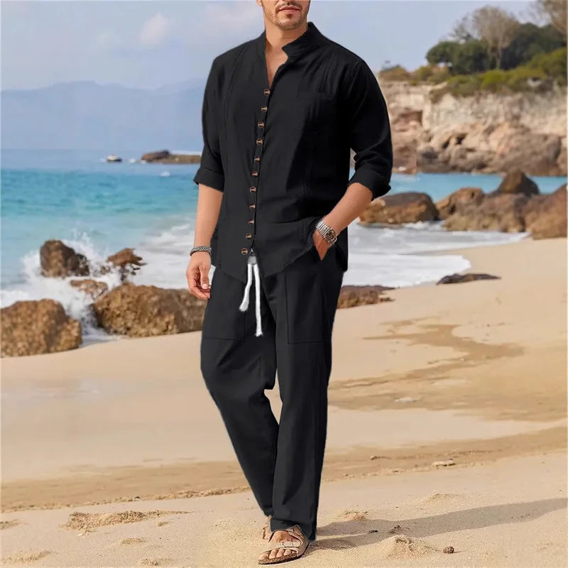 Men's Fashionable Cotton Linen Shirt Set, Stand Collar, Long Sleeves, Two-Piece Set, Spring/Autumn Style, 100% Natural Fiber