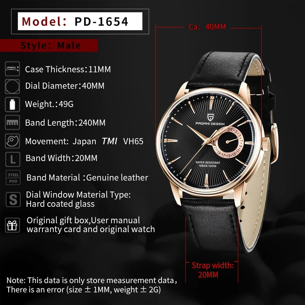 2026 Pagani Design Reloj Hombre PD1654 Quartz Watch Men 100M Water Resistant Leather Strap  Fashion Business Wristwatch reloj