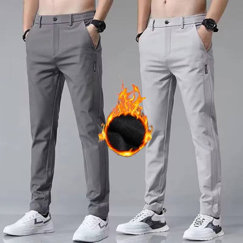 Pantalones informales de terciopelo para hombre, pantalones gruesos de negocios elásticos ajustados con cintura elástica para correr al aire libre, pantalones clásicos coreanos de lana para invierno 2024