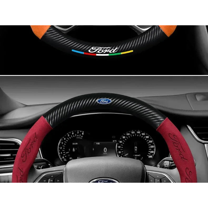 For Ford Mondeo Focus Raptor Puma Edge Explorer Ecosport Ranger F150 Kuga Car Suede Carbon fiber Anti-slip Steering Wheel Cover