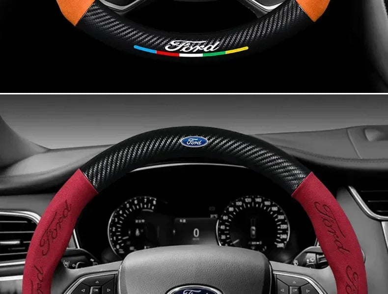 For Ford Mondeo Focus Raptor Puma Edge Explorer Ecosport Ranger F150 Kuga Car Suede Carbon fiber Anti-slip Steering Wheel Cover