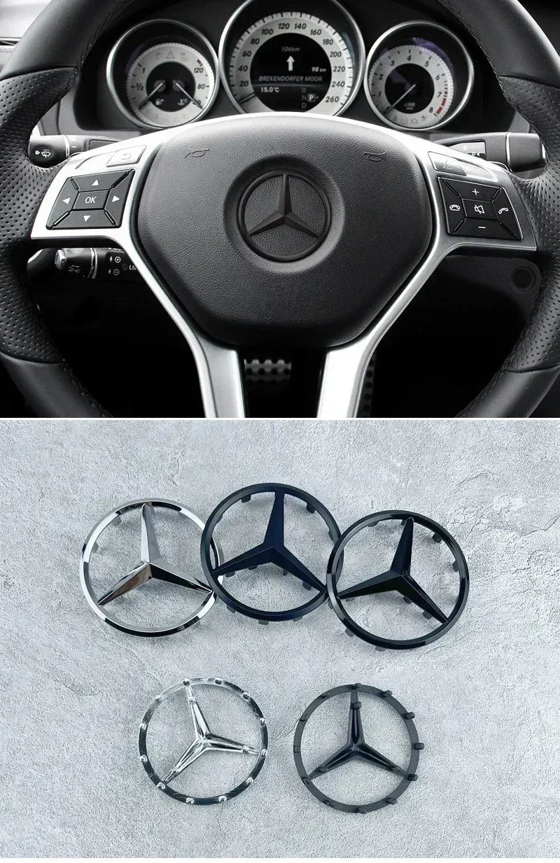 Emblema de logotipo para volante de coche de 52 mm y 57 mm, accesorios de estilo ABS para Mercedes Benz Serie C, E, S, CLA, CLS,