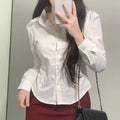 FANAN Preppy Style White Shirts Women Korean Slim Long Sleeve Office Shirt Ladies 2025 Spring Fashion Button Lapel Short Blouse