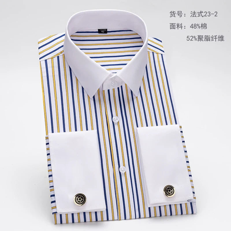 Men's French cufflink shirt with slim fit and contrasting color collar, Windsor collar, striped formal long sleeved shir