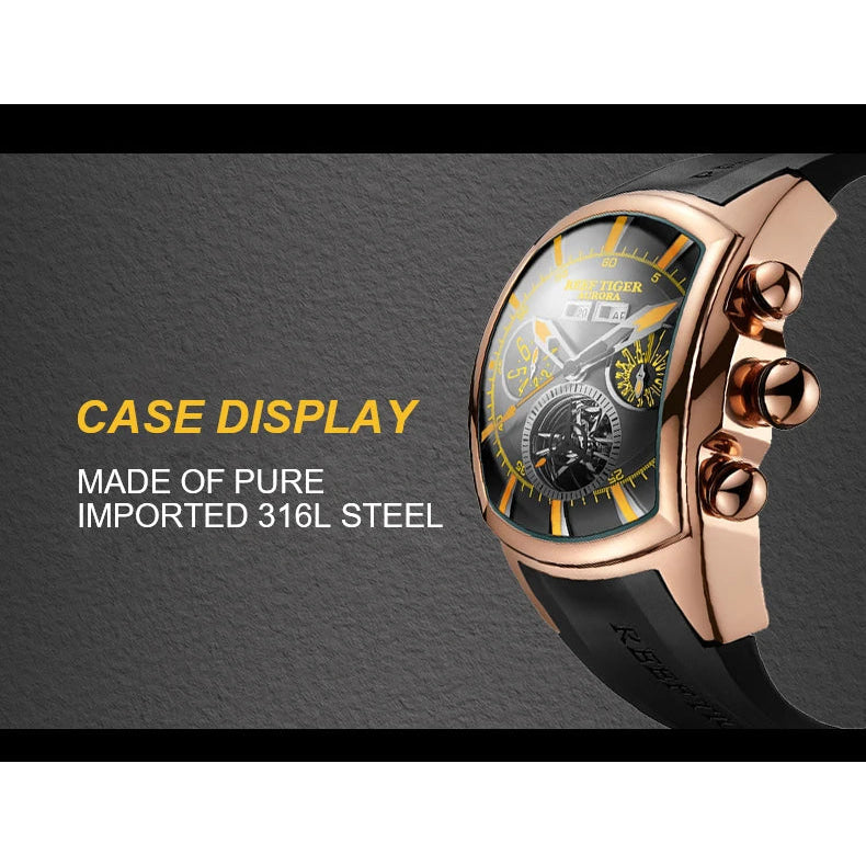 Reef Tiger 316L Stainless Steel Wine Barrel Automatic Watch Fashion Mulitfunction Tourbillon Mechanical Watches for Men RGA3069
