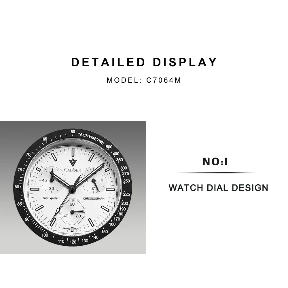CADISEN New Men's Watches Luxury Quartz Wrist Watch For Men Sapphire AR Coated Crystal Canvas VK68 Speed Chronograph Automatic