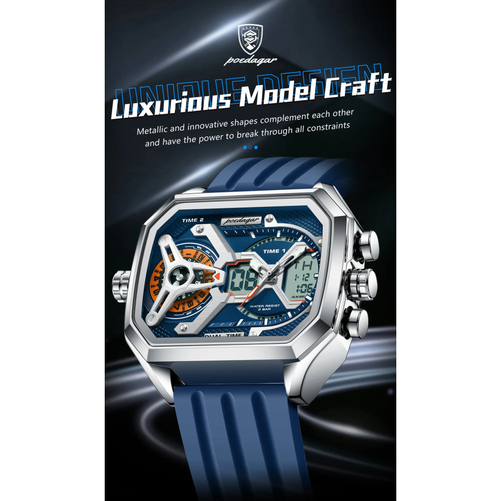 POEDAGAR Top Luxury Men Clock LED Calendar Week Luminous Man Wristwatch Electronic Rectangle Silicone Strap Quartz Men's Watches