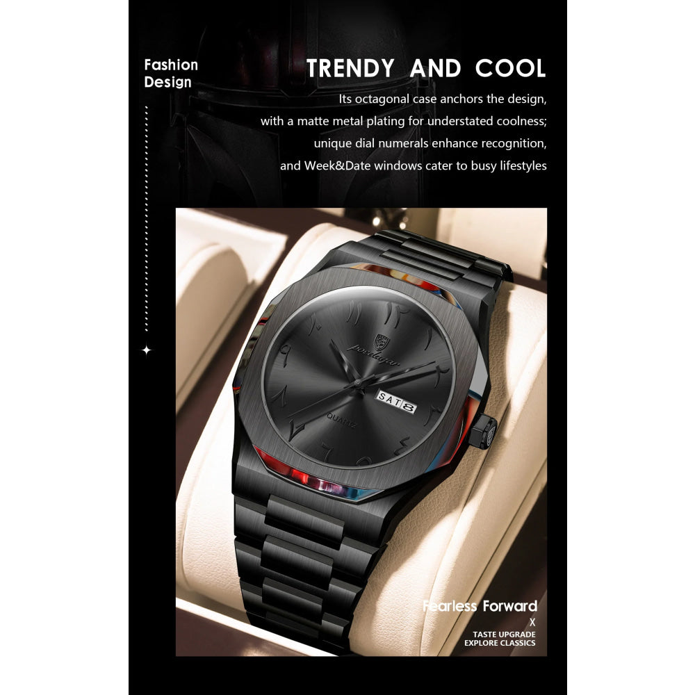 POEDAGAR Military Watch For Men Waterproof Luxury Week Calendar Man Wristwatch Quartz Stainless Steel Fashion Men's Watches Male