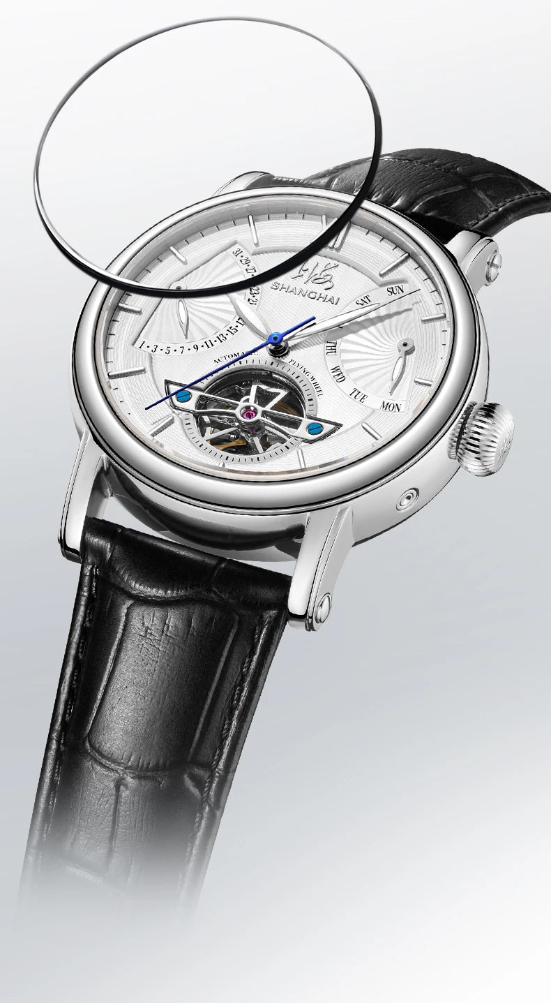 Shanghai Watch Skeletonized Flywheel Men's Mechanical Watch 42mm Automatic Watches Retrograde Calendar Sapphire Wristwatch S8924