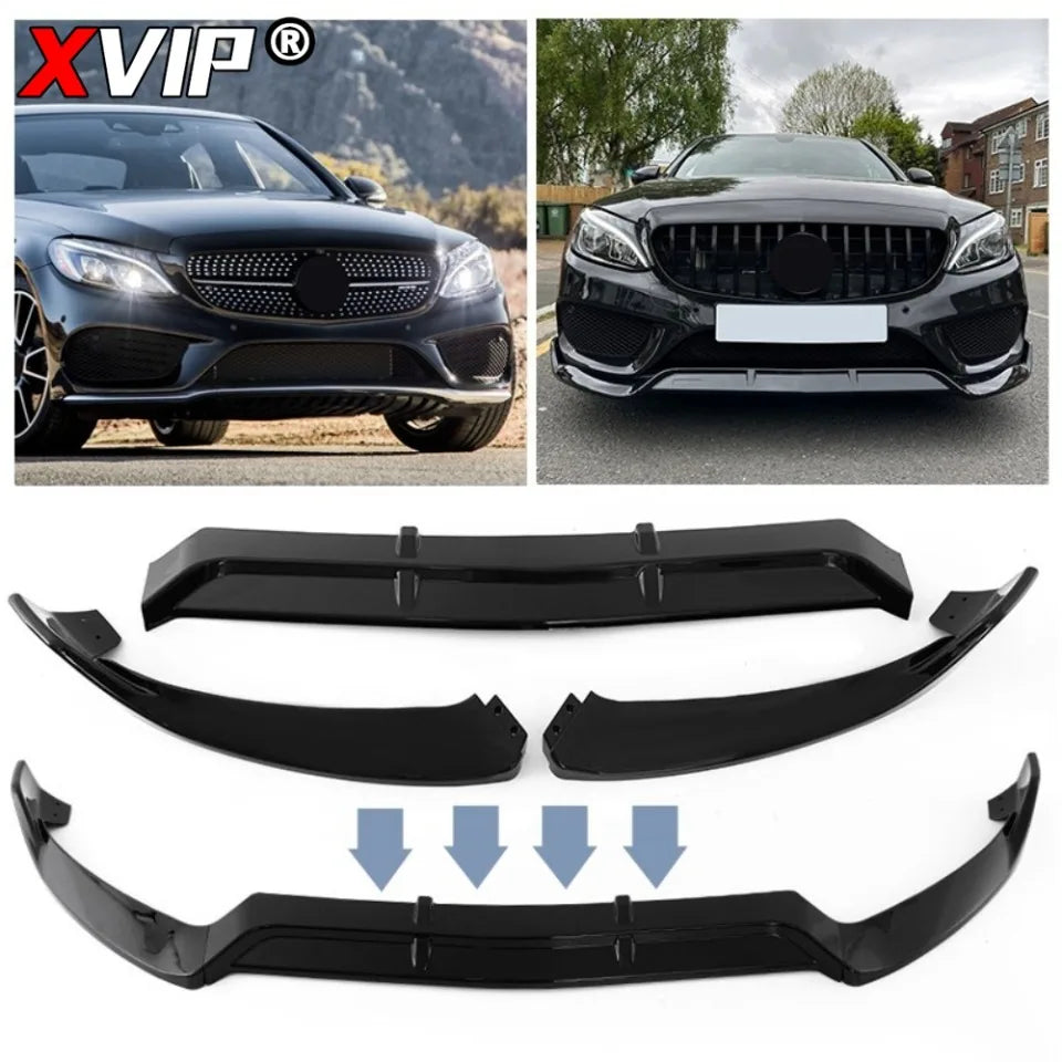 XVIP Glossy Black 3-Piece BBS Style Front Bumper Lip Spoiler For Mercedes Benz C-Class W205 2015-2018
