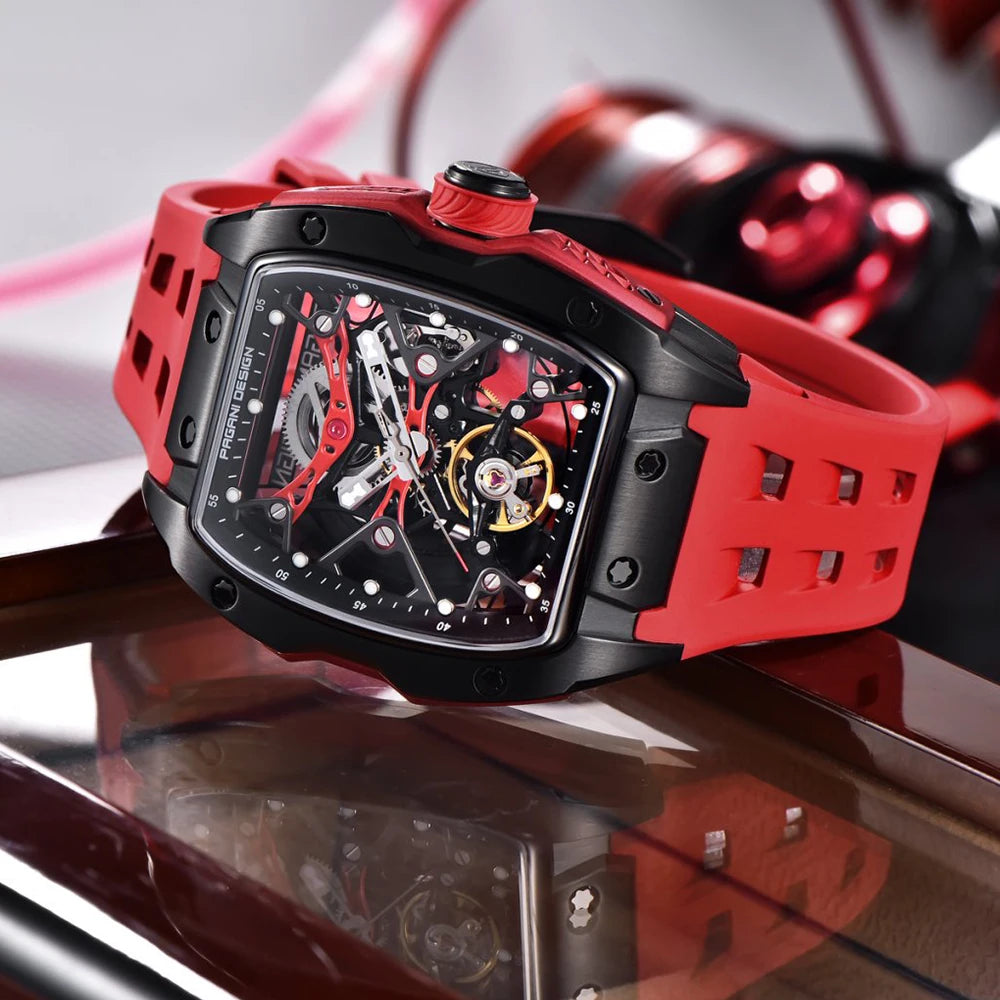 PAGANI DESIGN-reloj mecánico automático para hombre, barril de vino, tienda, estilo Venom, resistente al agua, lente de zafiro de goma, hueco