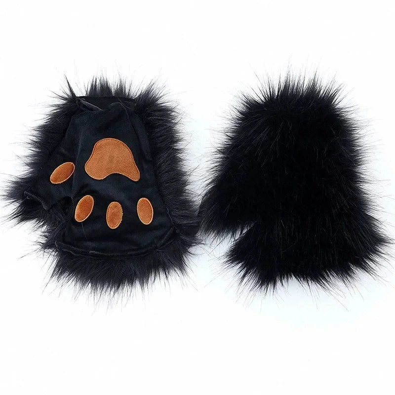 FluffyAnime-guantes y orejas de piel de Animal, cola de zorro, patas de gato, máscara facial, conjunto de disfraz de Cosplay, accesorios para fiesta de Halloween