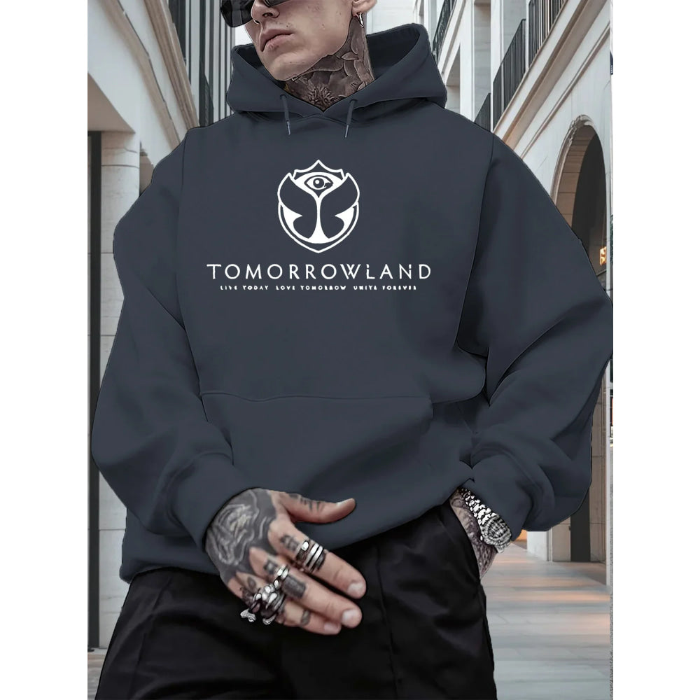 2025Men'S Hoodie with "TOMORROWLAND" Graphic - Casual Pullover Sweatshirt Long Sleeve Regular Fit Fall/Winter Casual Wear Hoodie