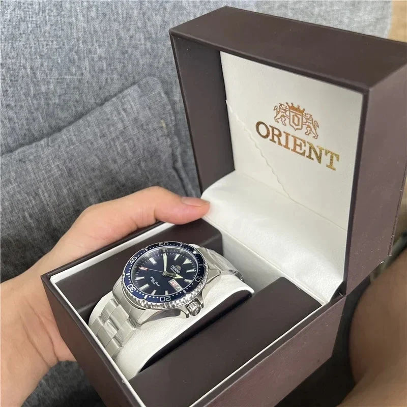 Orient Automatic Mechanical Diver Watch for Men 200M Waterproof Red Dial Stainless Steel Band Day Date Display Sport Wristwatch