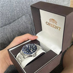 Orient Automatic Mechanical Diver Watch for Men 200M Waterproof Red Dial Stainless Steel Band Day Date Display Sport Wristwatch