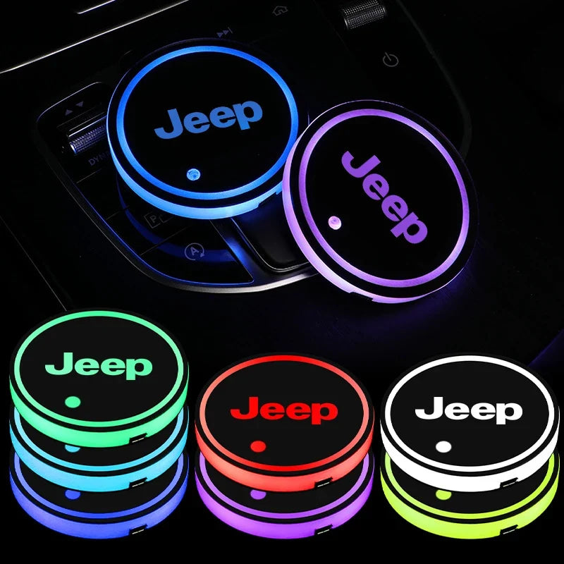 2Pcs LED Car Luminous Water Cup Pad Atmosphere Light Auto Accessories For Jeep Wrangler Renegade Compass Gladiator Cherokee Patr