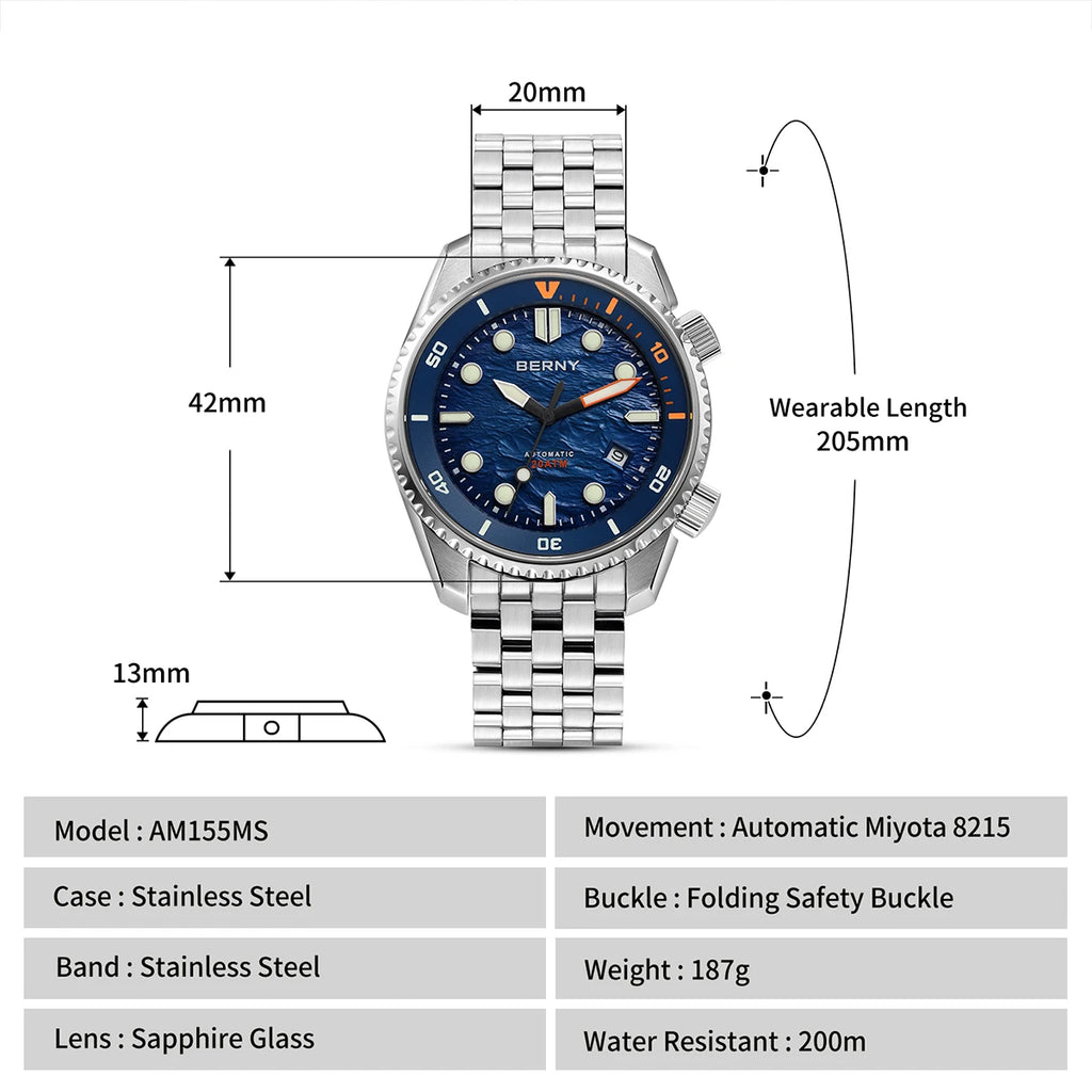 BERNY Automatic Diver Watch for Men Top Luxury Sapphire 316L Steel Blue Dial 200M Waterproof Mechanical Diving Men's Watches