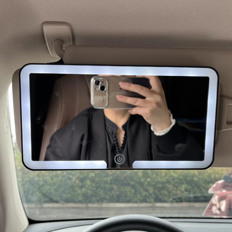 Espejos interiores de coche, placa de visera solar, espejo de maquillaje LED HD para niñas y mujeres, luz de relleno recargable, espejo de tocador fino Universal
