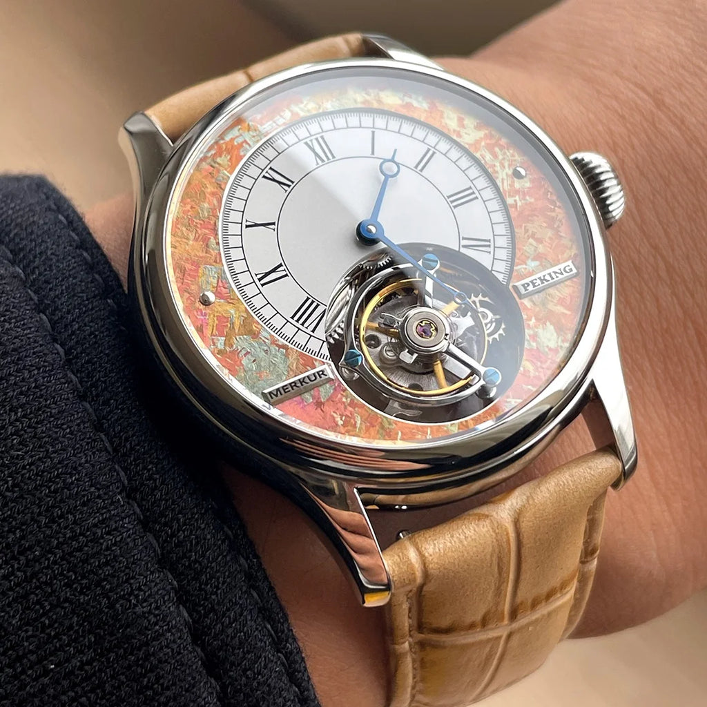 42mm nuevo Merkur Tourbillon relojes de pulsera para hombre reloj mecánico de cuerda a mano reloj de pulsera de moda para hombre zafiro 2025 esqueleto