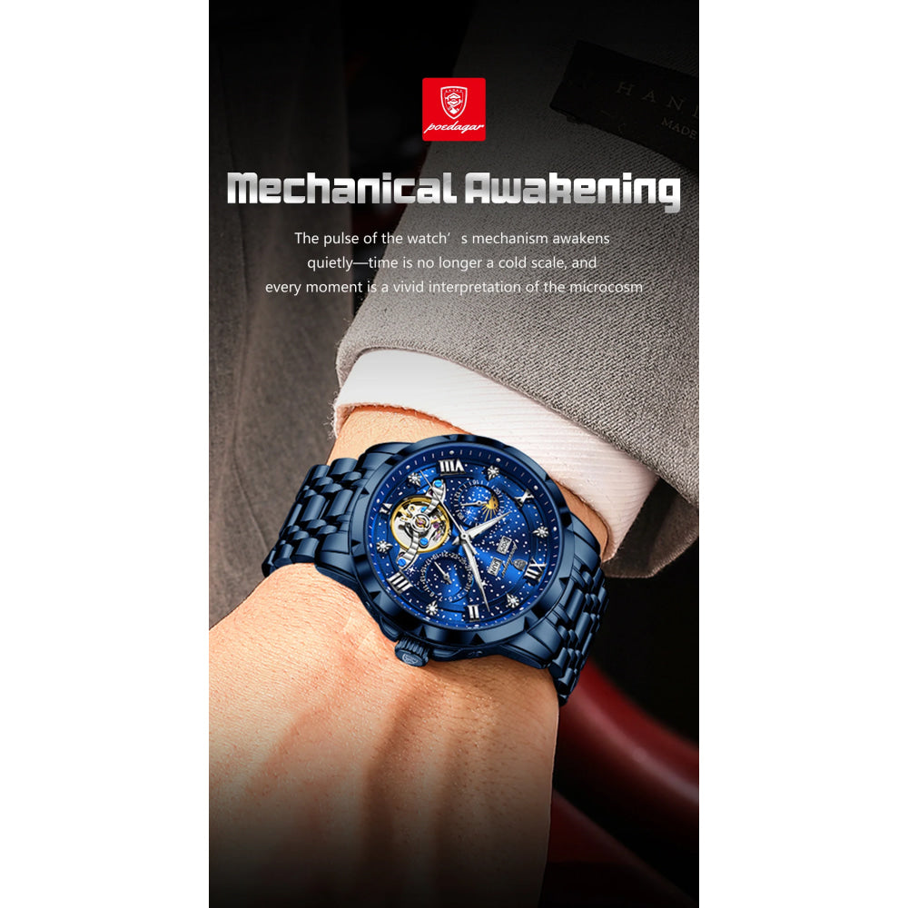 POEDAGAR Luxury Men Wristwatch Fashion Date Hollow Tourbillon Man Clock Automatic Mechanical Stainless Steel Men's Watches Reloj