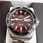 Orient Automatic Mechanical Diver Watch for Men 200M Waterproof Red Dial Stainless Steel Band Day Date Display Sport Wristwatch