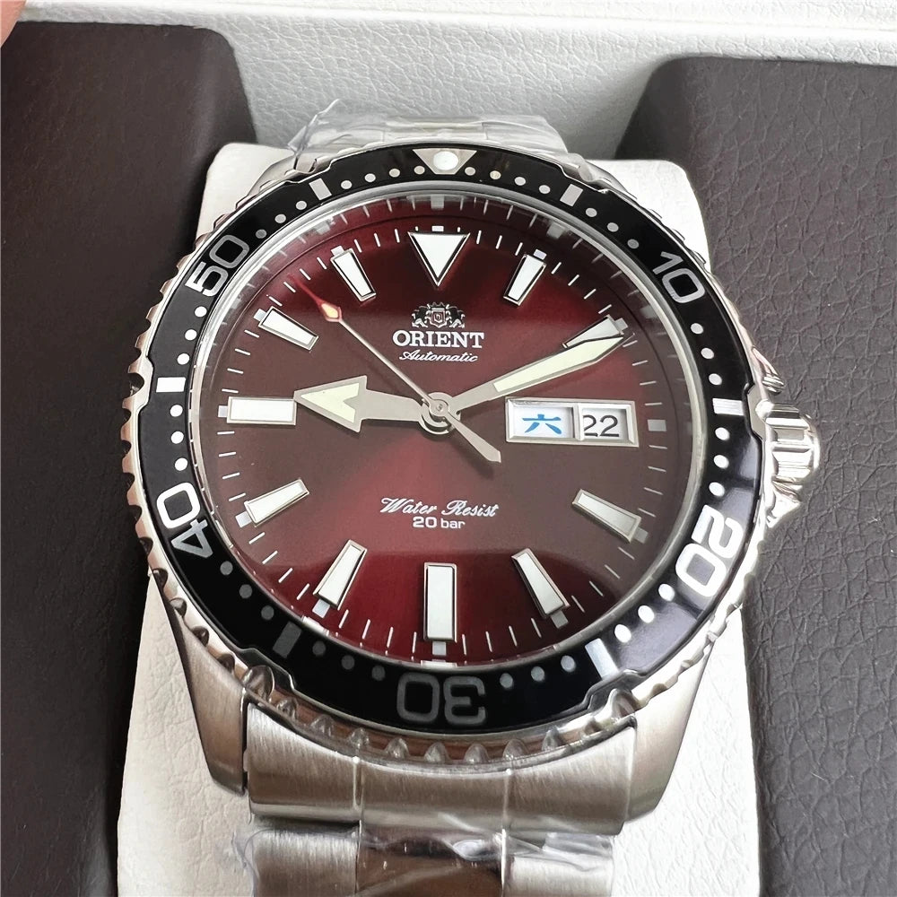 Orient Automatic Mechanical Diver Watch for Men 200M Waterproof Red Dial Stainless Steel Band Day Date Display Sport Wristwatch