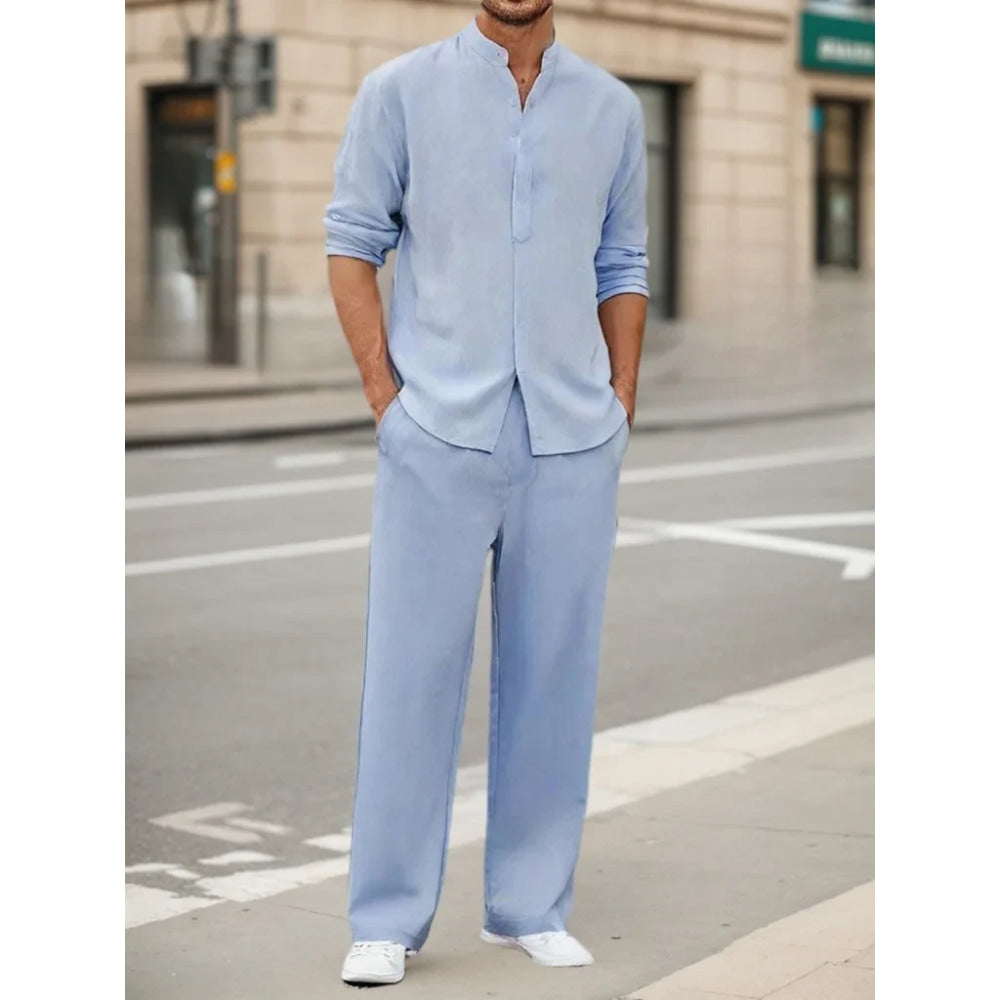 Men's Fall Casual Outfits Solid Color Henley Collar Long Sleeve Tops with Elastic Waist Pants Long Sleeve Pants Shirt Suit