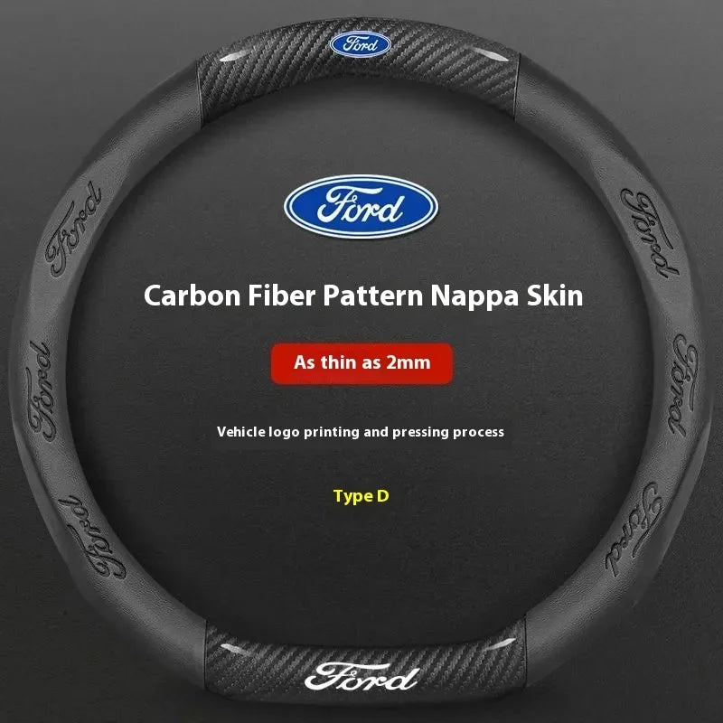 For Ford Mondeo Focus Raptor Puma Edge Explorer Ecosport Ranger F150 Kuga Car AntiSlip Carbon Fiber Leather Steering Wheel Cover