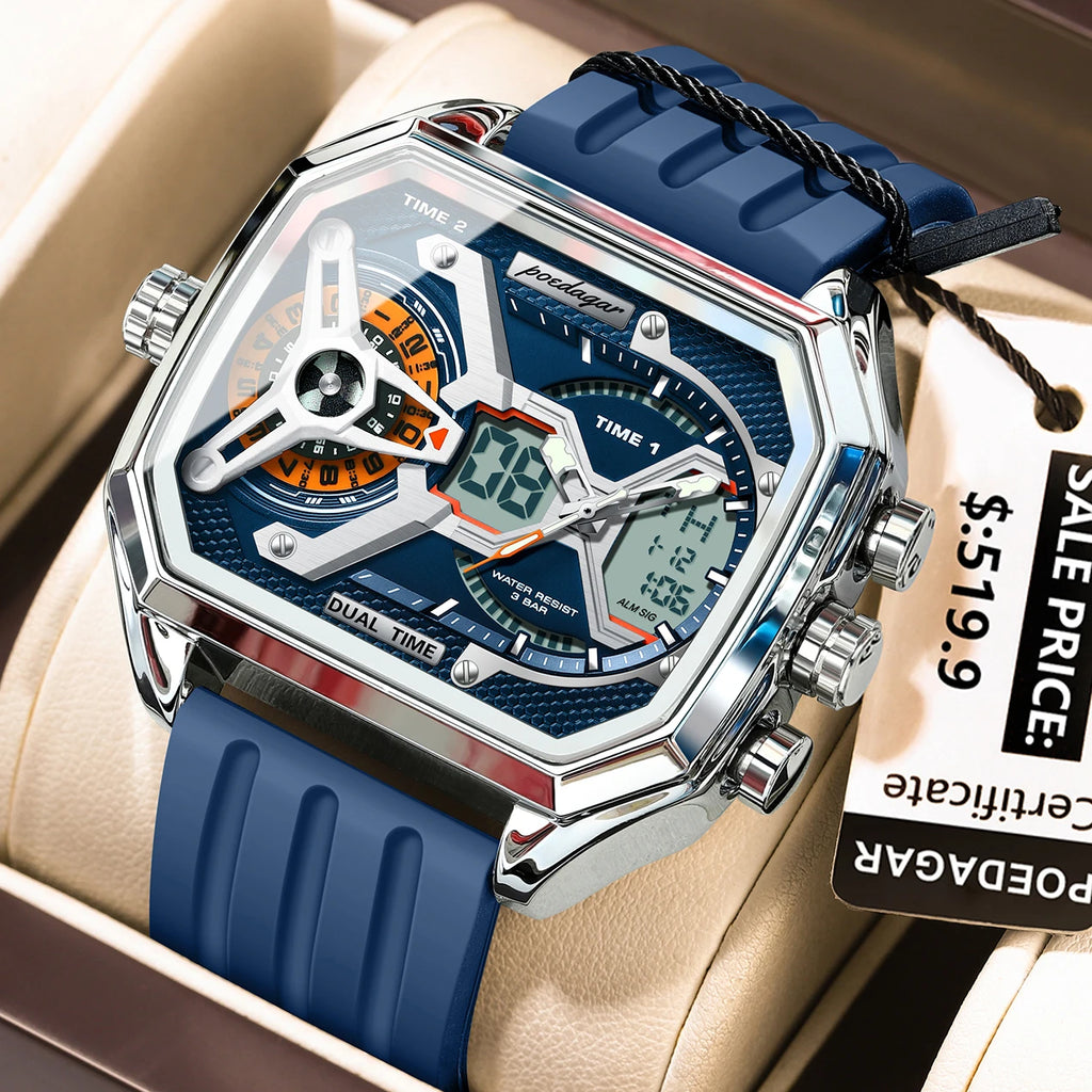 POEDAGAR Top Luxury Men Clock LED Calendar Week Luminous Man Wristwatch Electronic Rectangle Silicone Strap Quartz Men's Watches